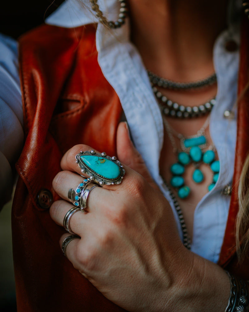 turquoise and tobacco jewelry Vintage Navajo L4 | Golden Hills Mine Lavender Turquoise | Kingman Mine L Navajo Turquoise Ring L Artist Roland Dixon measuring 1 1/2 long Sonoran Gold Turquoise Bohemian Jewelry