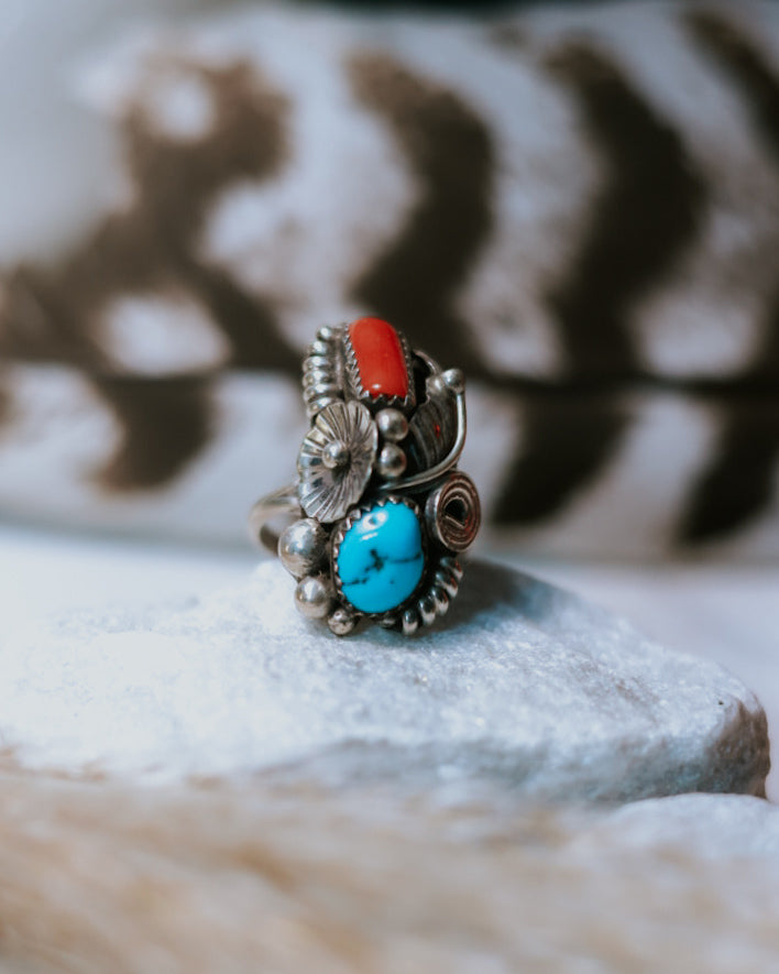 Turquoise & Coral Ring | Size 7