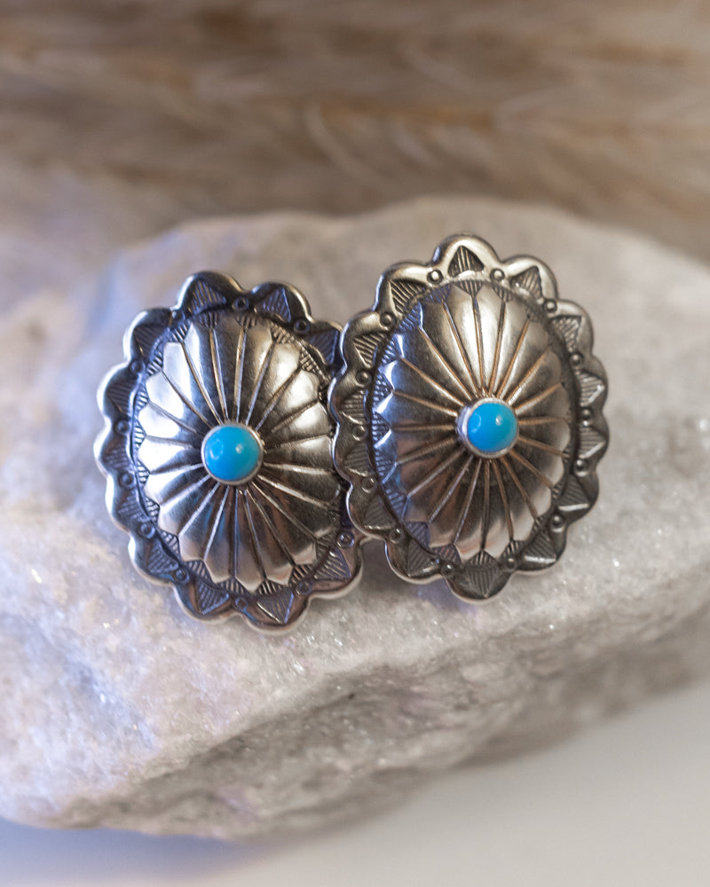 Sterling Silver Concho Earrings - Smokin' Blues Turquoise