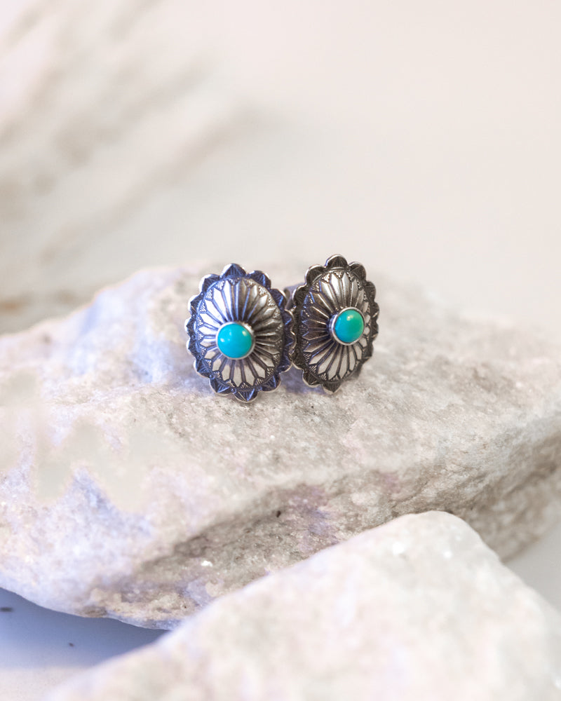 Sterling Silver Concho Earrings - Smokin' Blues Turquoise