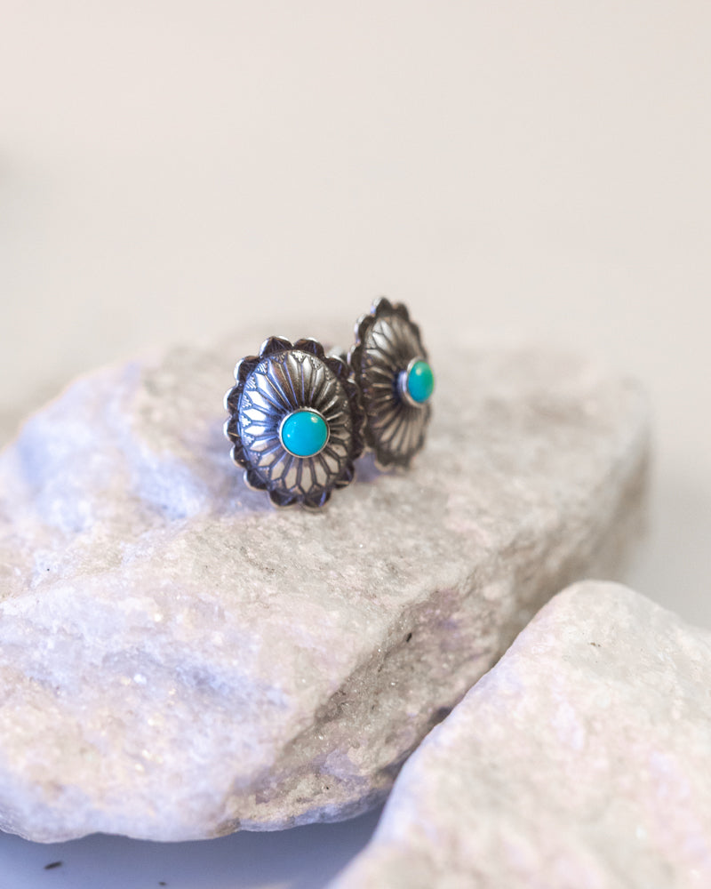 Sterling Silver Concho Earrings - Smokin' Blues Turquoise