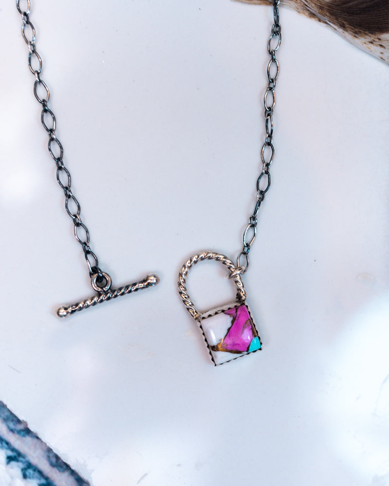 Cotton Candy Padlock Necklace - Smokin' Blues Turquoise