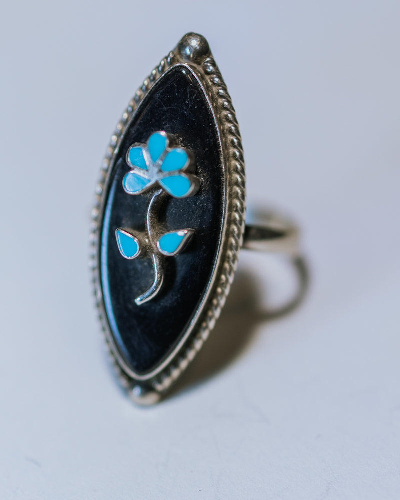 Black Onyx & Turquoise Flower Ring Size 7