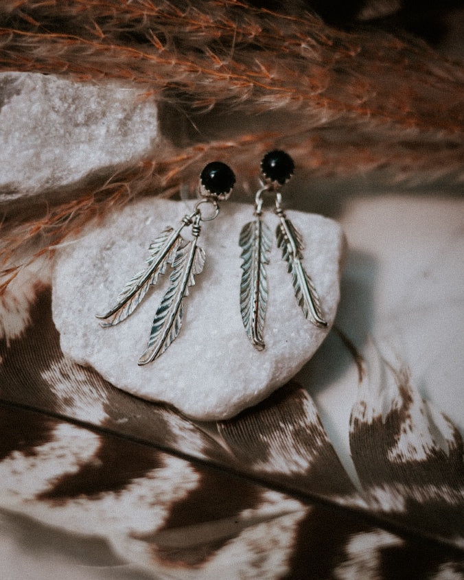 Black Onyx Feather Earrings
