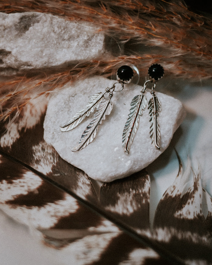 Black Onyx Feather Earrings
