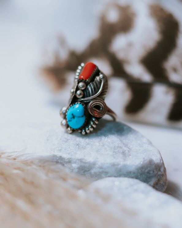 Turquoise & Coral Ring | Size 7