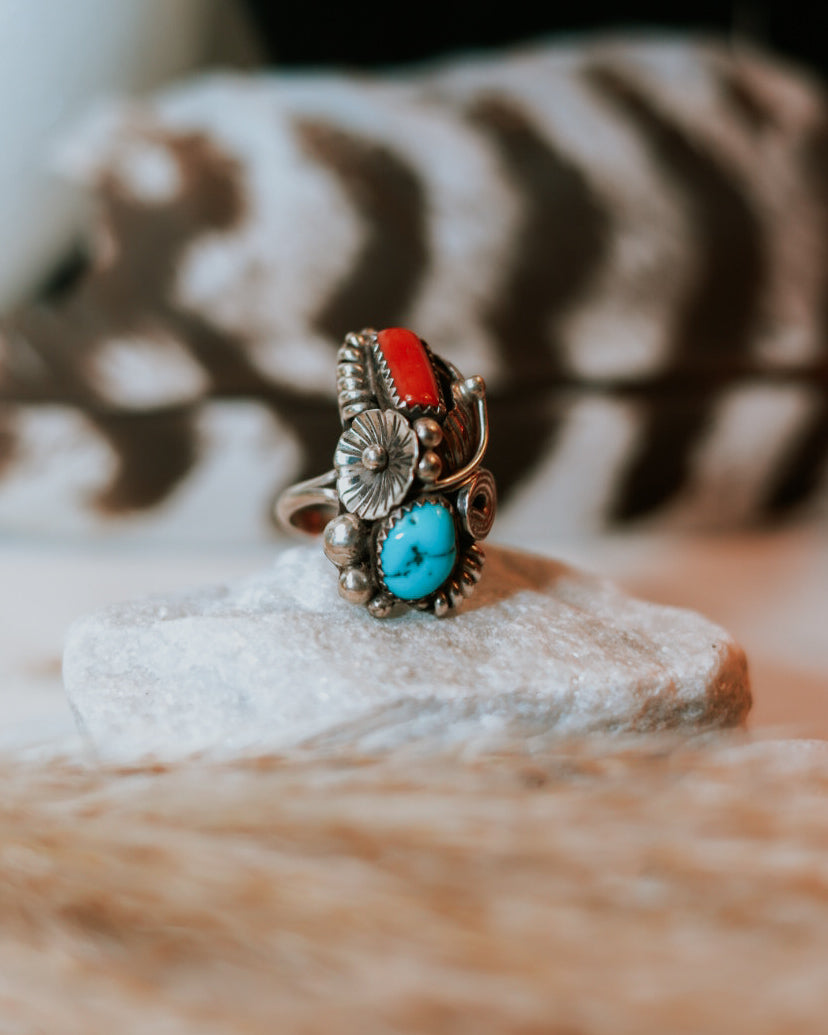 Turquoise & Coral Ring | Size 7