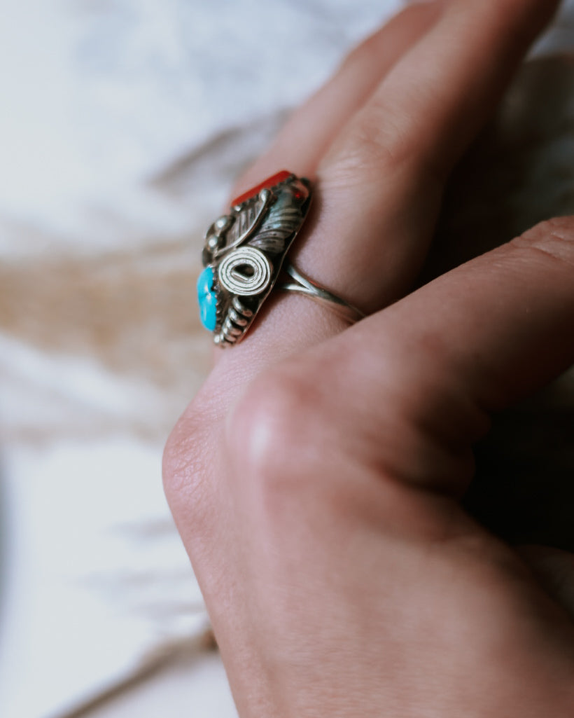 Turquoise & Coral Ring | Size 7