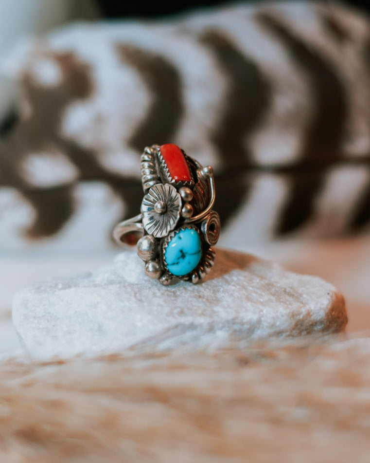 Turquoise & Coral Ring | Size 7
