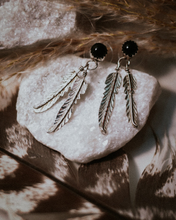 Black Onyx Feather Earrings