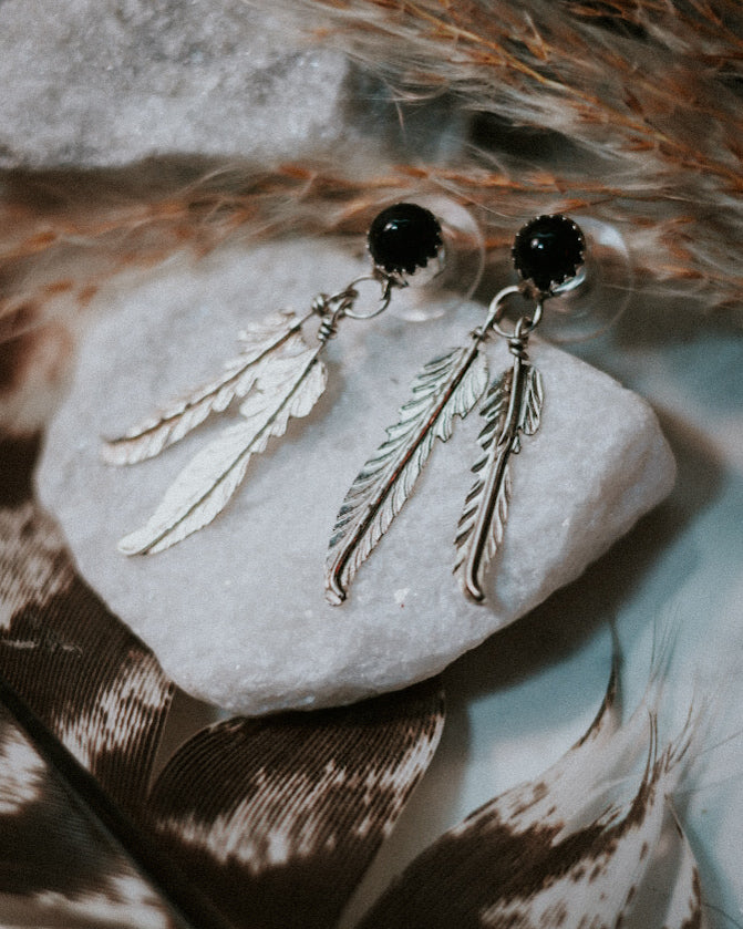 Black Onyx Feather Earrings