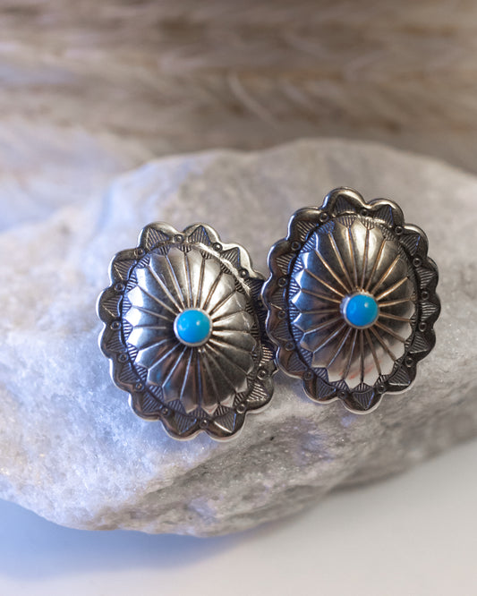 Sterling Silver Concho Earrings - Smokin' Blues Turquoise