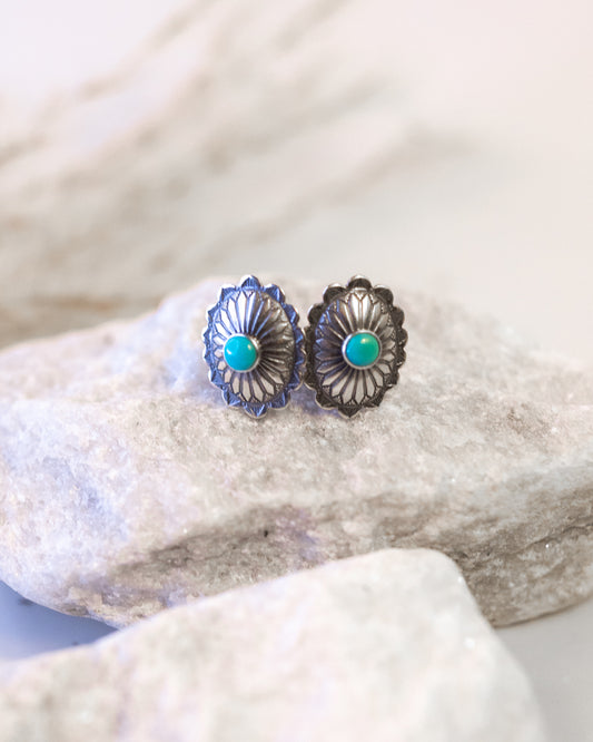 Sterling Silver Concho Earrings - Smokin' Blues Turquoise