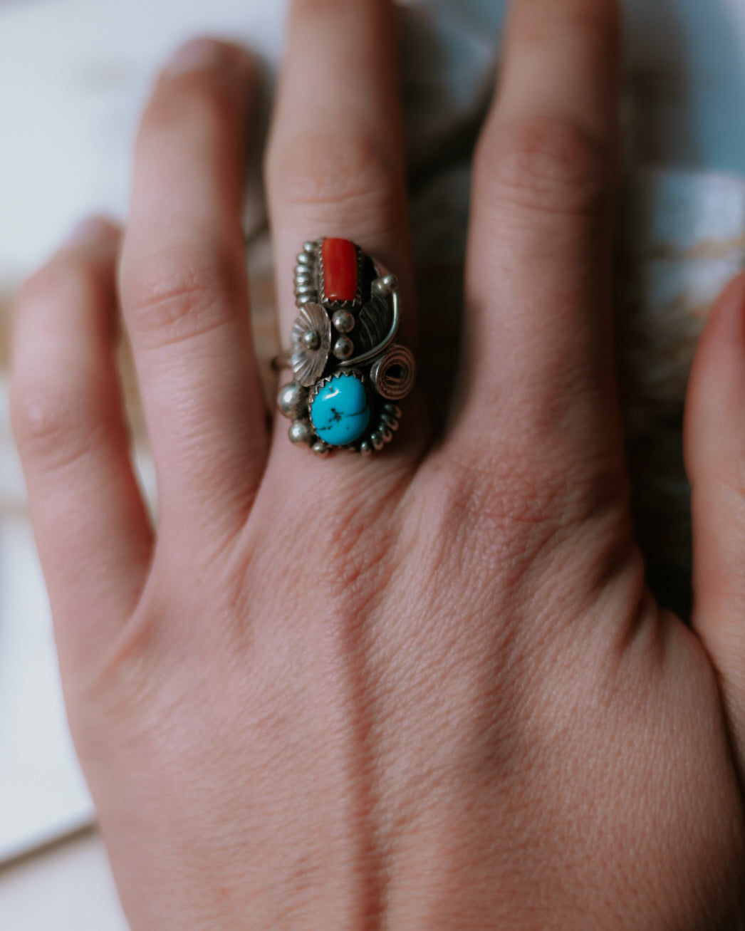 Turquoise & Coral Ring | Size 7