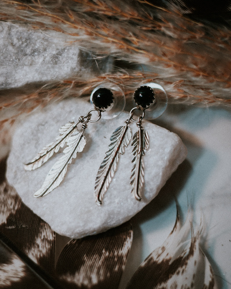 Black Onyx Feather Earrings