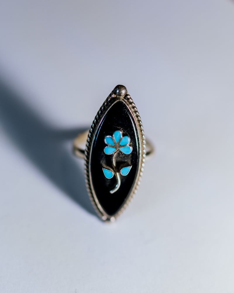 Black Onyx & Turquoise Flower Ring Size 7