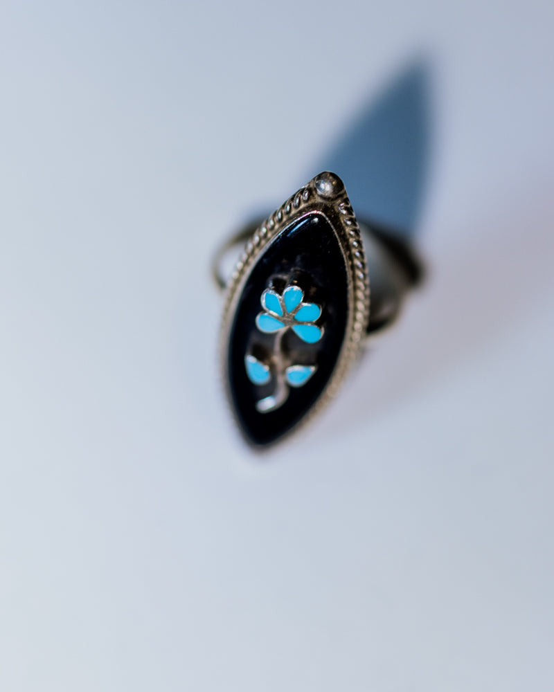 Black Onyx & Turquoise Flower Ring Size 7