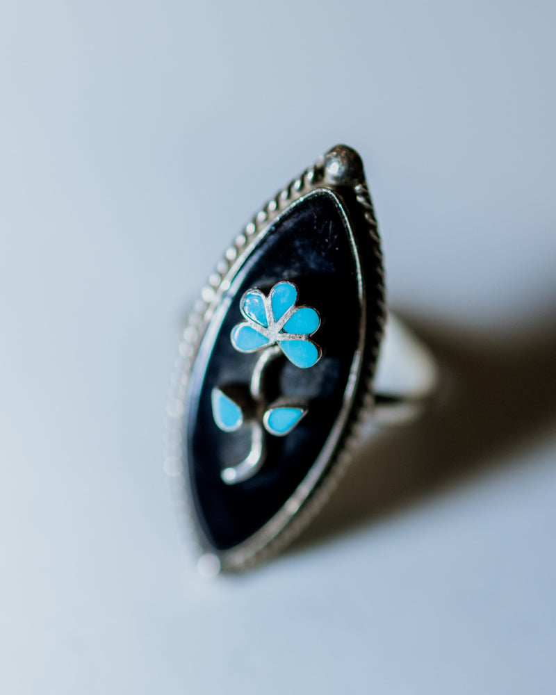 Black Onyx & Turquoise Flower Ring Size 7