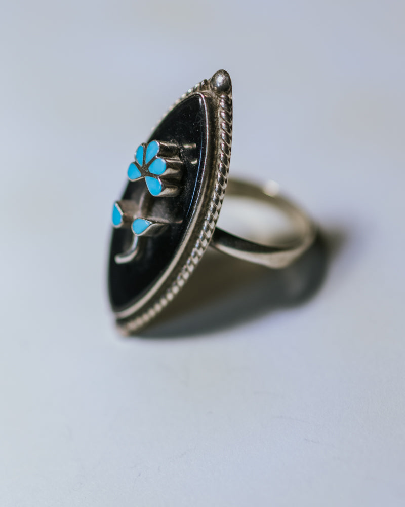 Black Onyx & Turquoise Flower Ring Size 7