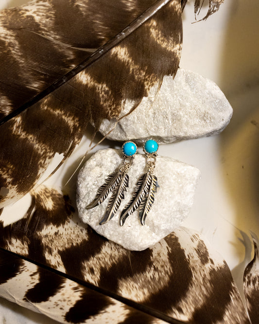 Turquoise & Sterling Silver Feather Earrings - Smokin' Blues Turquoise