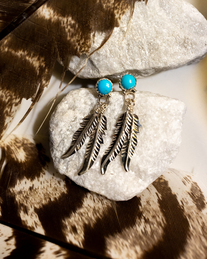 Turquoise & Sterling Silver Feather Earrings - Smokin' Blues Turquoise