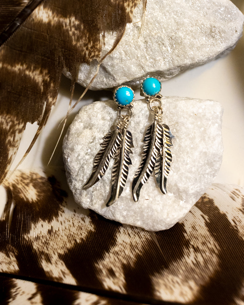 Turquoise & Sterling Silver Feather Earrings - Smokin' Blues Turquoise