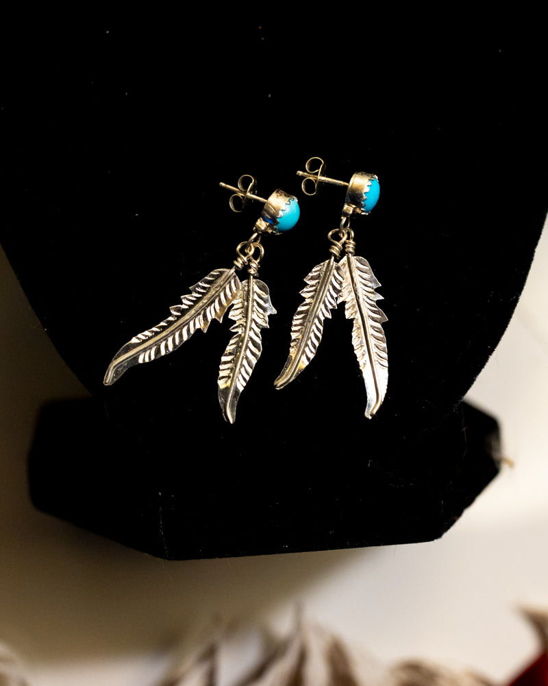 Turquoise & Sterling Silver Feather Earrings - Smokin' Blues Turquoise