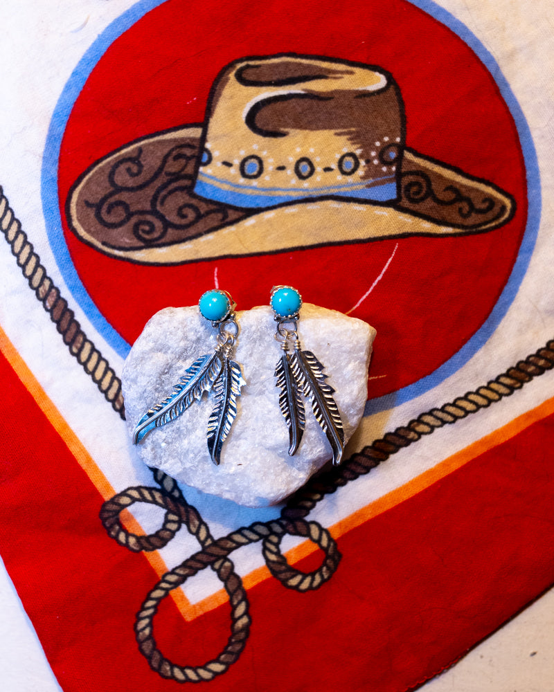 Turquoise & Sterling Silver Feather Earrings - Smokin' Blues Turquoise