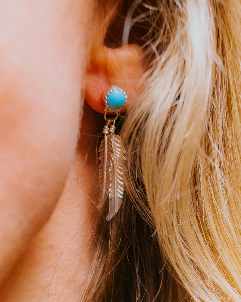 Turquoise & Sterling Silver Feather Earrings - Smokin' Blues Turquoise